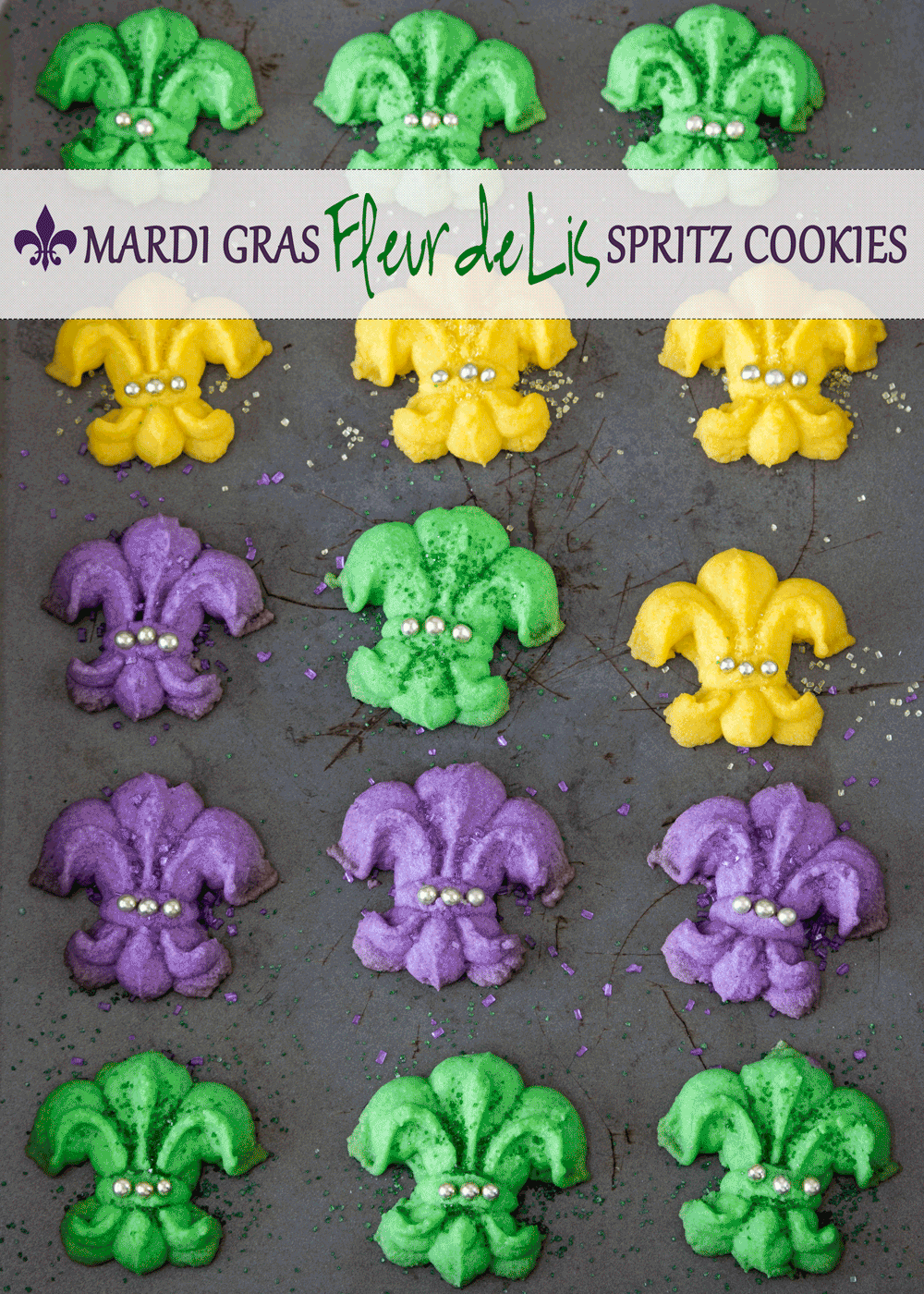 Mardi Gras Fleur de Lis Spritz Cookies - bright, festive and so fun to make - lassez les bon temps rouler!